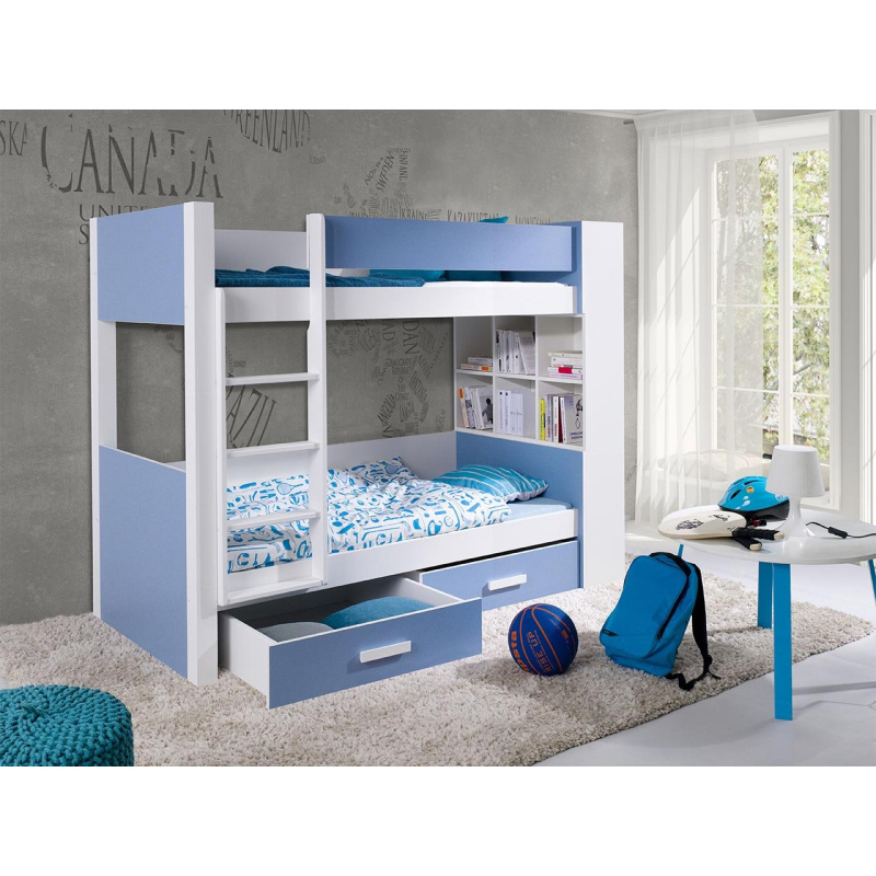 Dětská patrová postel se šuplíky 90x200 LEUN - bílá / modrá, levé provedení