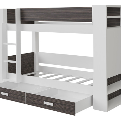 Dětská patrová postel se šuplíky 90x200 LEUN - bílá / zebrano, levé provedení