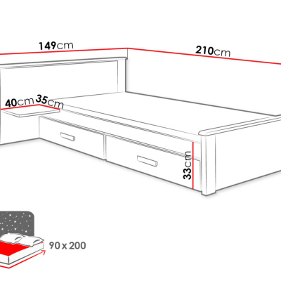 Dětská postel s úložným prostorem 90x200 POLCH PLUS - bílá / dub sonoma