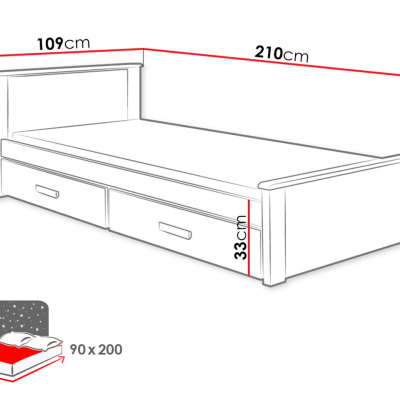 Dětská postel s úložným prostorem 90x200 POLCH - bílá / šedá