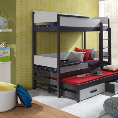 Dětská patrová postel pro tři 90x200 MEDEBACH - grafitová / šedá, pravé provedení