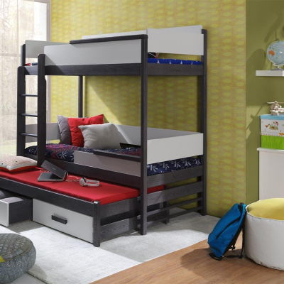 Dětská patrová postel pro tři 90x200 MEDEBACH - grafitová / šedá, levé provedení