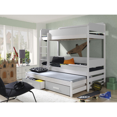 Dětská patrová postel pro tři 90x200 MEDEBACH - bílá / dub lanýž, levé provedení