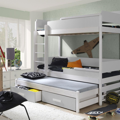 Dětská patrová postel pro tři 90x200 MEDEBACH - bílá / šedá, levé provedení