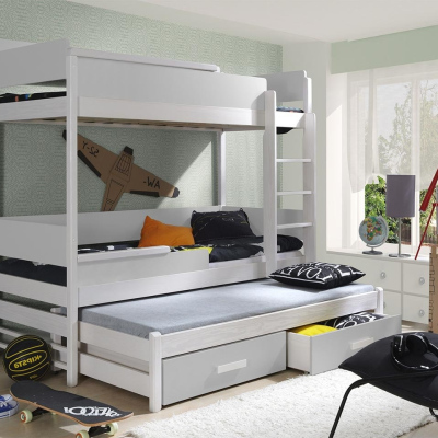Dětská patrová postel pro tři 90x200 MEDEBACH - bílá / šedá, pravé provedení