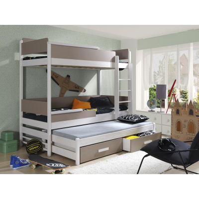 Dětská patrová postel pro tři 80x180 MEDEBACH - bílá / dub lanýž, pravé provedení