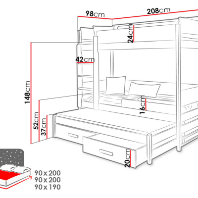 Dětská patrová postel pro tři 90x200 MEDEBACH - grafitová / šedá, pravé provedení