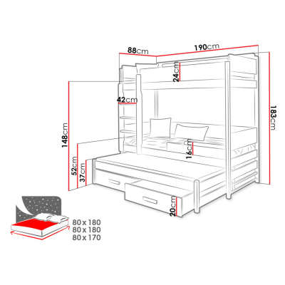 Dětská patrová postel pro tři 80x180 MEDEBACH - grafitová / šedá, pravé provedení