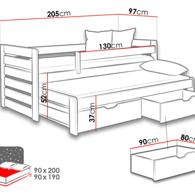 Rozkládací dětská postel 90x200 GERA - bílá