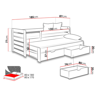 Rozkládací dětská postel 80x180 GERA - bílá
