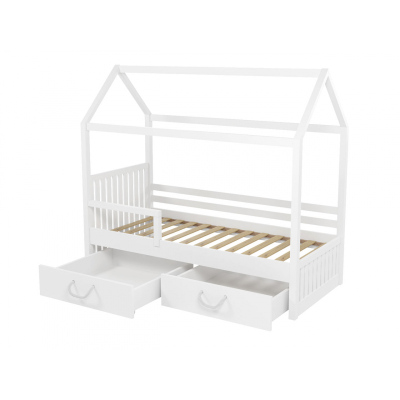 Dětská postel domeček se zábranou 90x200 NEBRA - bílá
