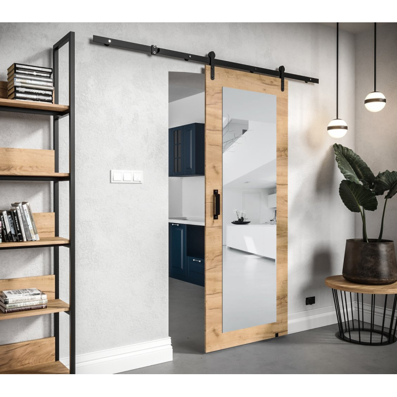 Posuvné dveře s kováním a zrcadlem LEONTINA 2 - 90 cm, dub craft