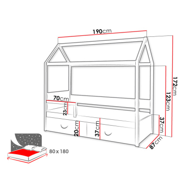 Dětská postel domeček se zábranou 80x180 SONTRA 2 - bílá