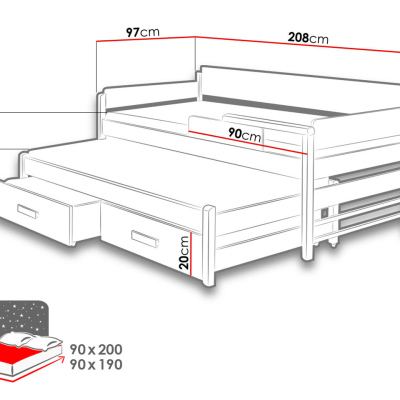 Dětská postel s přistýlkou 90x200 SELTERS - bílá / zebrano