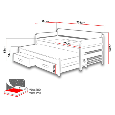 Dětská postel s přistýlkou 90x200 SELTERS - bílá / zebrano