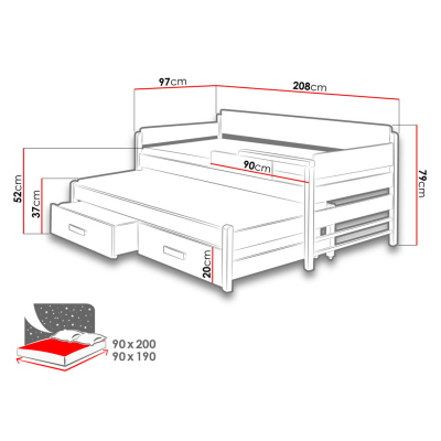 Dětská postel s přistýlkou 90x200 SELTERS - bílá / šedá