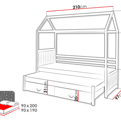 Dětská postel domeček 90x200 KARBEN 1 - bílá / šedá