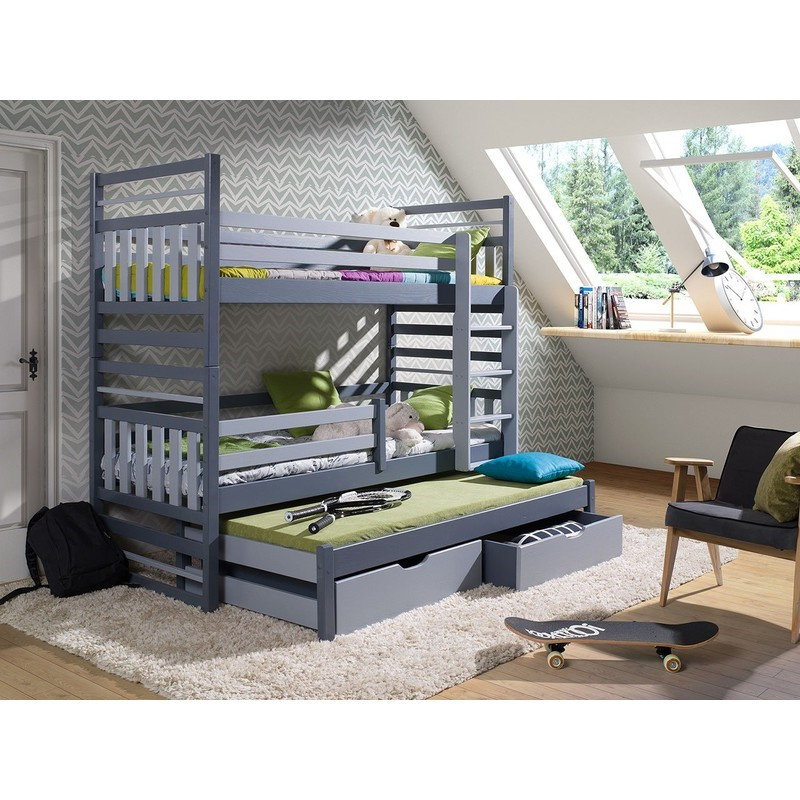 Dětská patrová postel s přistýlkou 90x200 LOHRA - grafitová / šedá, pravé provedení
