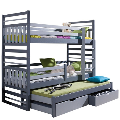Dětská patrová postel s přistýlkou 90x200 LOHRA - grafitová / šedá, pravé provedení