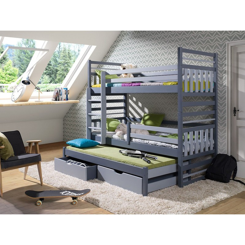 Dětská patrová postel s přistýlkou 90x200 LOHRA - grafitová / šedá, levé provedení