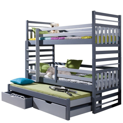 Dětská patrová postel s přistýlkou 90x200 LOHRA - grafitová / šedá, levé provedení