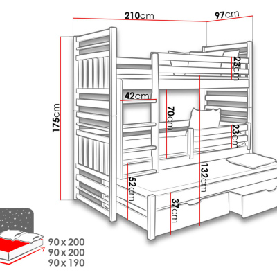 Dětská patrová postel s přistýlkou 90x200 LOHRA - wenge / cappuccino, levé provedení