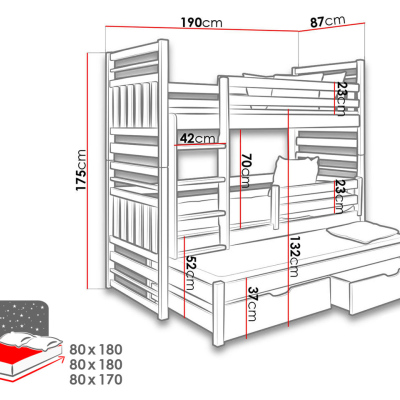 Dětská patrová postel s přistýlkou 80x180 LOHRA - wenge / cappuccino, levé provedení