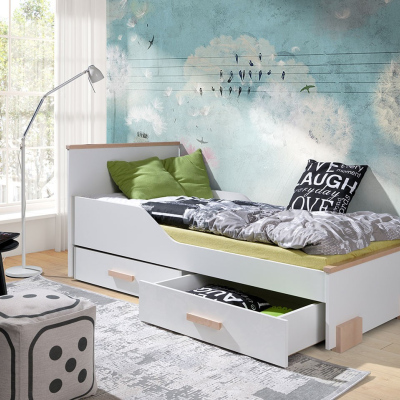 Dětská postel s úložným prostorem 90x200 LORCH - bílá / buk