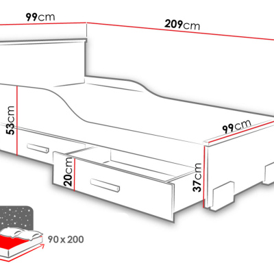 Dětská postel s úložným prostorem 90x200 LORCH - bílá / buk