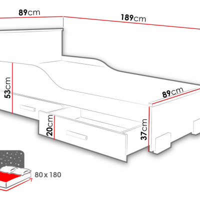 Dětská postel s úložným prostorem 80x180 LORCH - bílá / buk