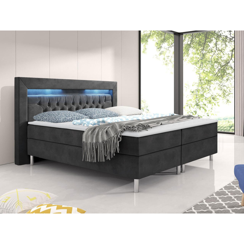Boxpringová postel s LED osvětlením 180x200 DELBIN - šedá + topper ZDARMA