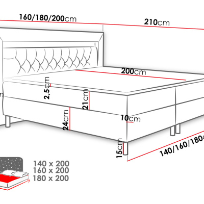 Boxpringová postel s LED osvětlením 180x200 DELBIN - šedá + topper ZDARMA