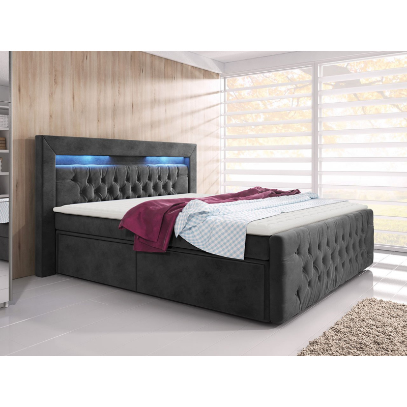 Boxpringová postel s LED osvětlením a čtyřmi šuplíky 180x200 DELBIN - šedá + topper ZDARMA