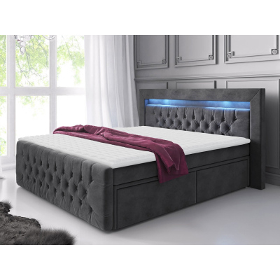 Boxpringová postel s LED osvětlením a čtyřmi šuplíky 180x200 DELBIN - šedá + topper ZDARMA