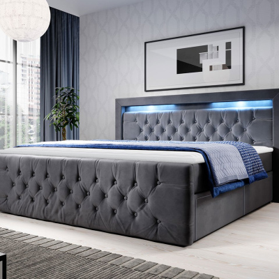 Boxpringová postel s LED osvětlením a čtyřmi šuplíky 160x200 DELBIN - šedá + topper ZDARMA
