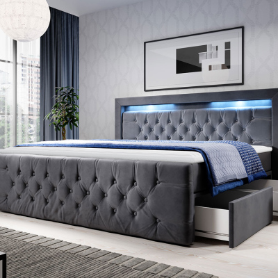 Boxpringová postel s LED osvětlením a čtyřmi šuplíky 160x200 DELBIN - šedá + topper ZDARMA