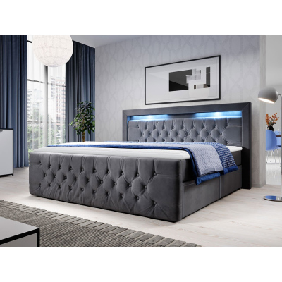Boxpringová postel s LED osvětlením a čtyřmi šuplíky 140x200 DELBIN - šedá + topper ZDARMA