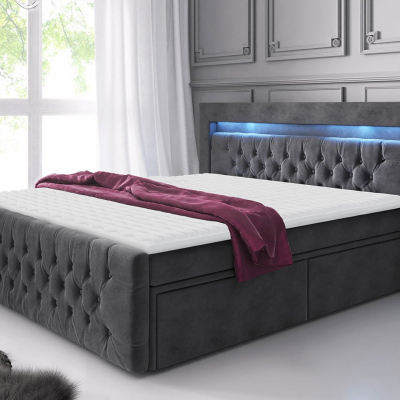 Boxpringová postel s LED osvětlením a dvěma šuplíky 180x200 DELBIN - šedá + topper ZDARMA