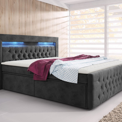 Boxpringová postel s LED osvětlením a dvěma šuplíky 140x200 DELBIN - šedá + topper ZDARMA