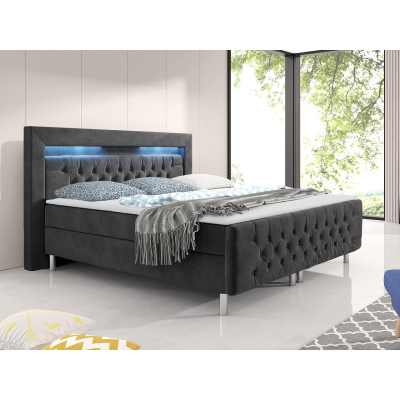 Boxpringová manželská postel s LED osvětlením 180x200 DELBIN - šedá + topper ZDARMA
