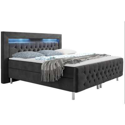 Boxpringová manželská postel s LED osvětlením 160x200 DELBIN - šedá + topper ZDARMA