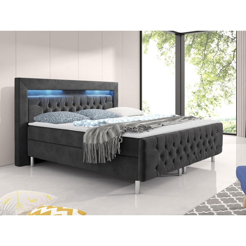 Boxpringová manželská postel s LED osvětlením 140x200 DELBIN - šedá + topper ZDARMA