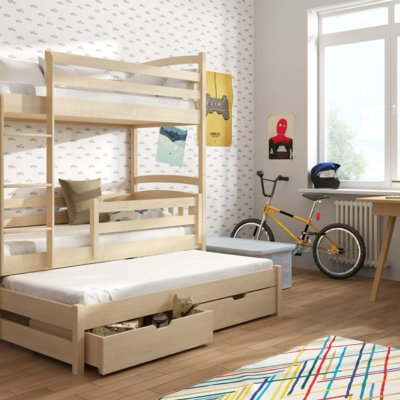 Patrová postel se šuplíky a přistýlkou ABAYOMI - 90x190, borovice