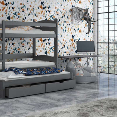 Patrová postel se šuplíky a přistýlkou CAILEAN - 80x160, grafit