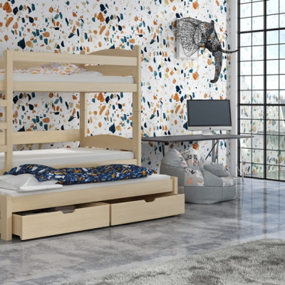Patrová postel se šuplíky a přistýlkou CAILEAN - 80x180, borovice