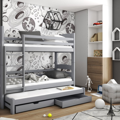 Patrová postel se šuplíky a přistýlkou CAILEAN - 80x180, šedá