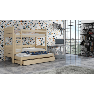 Patrová postel se šuplíky a přistýlkou CAILEAN - 90x200, borovice