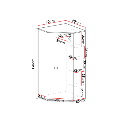 Rohová šatní skříň 90 cm MUONIO 2 - bílá / beton / dub
