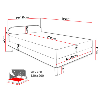 Jednolůžková čalouněná postel s čelem 120x200 PELLO 2 - světlá šedá
