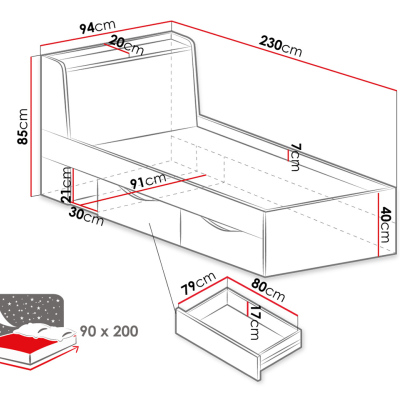 Jednolůžková postel se šuplíky 90x200 SAUTA - dub / antracitová